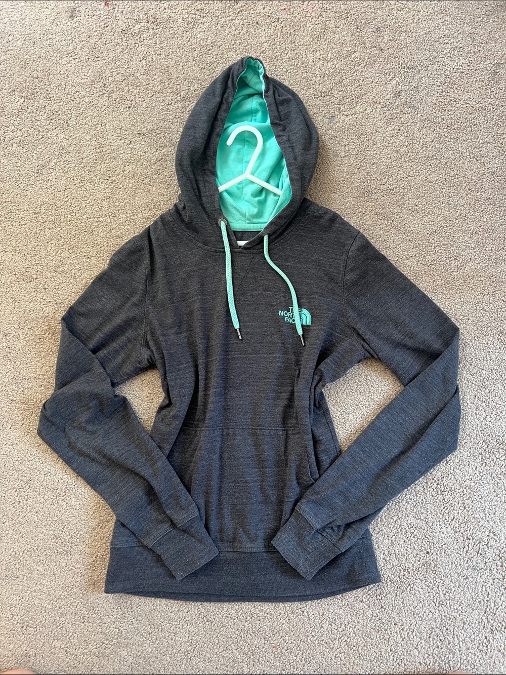 The North Face Charcoal Hoodie with Mint Green Lining
